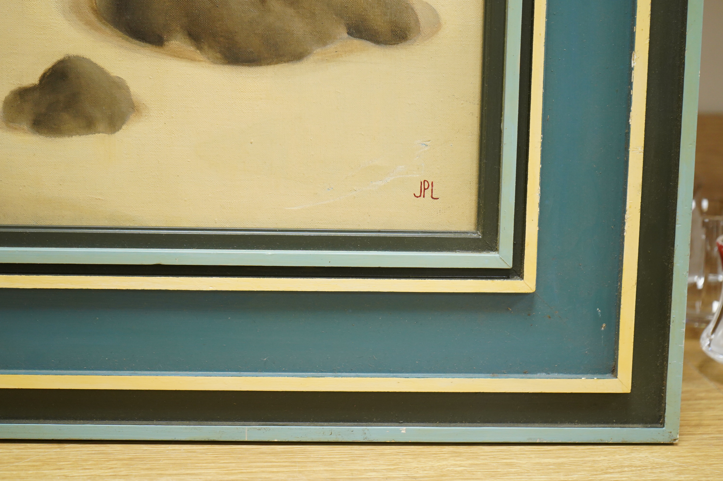 JPL monogrammist, study of driftwood on a beach, monogrammed, contemporary oil on canvas, 61 x 74cm